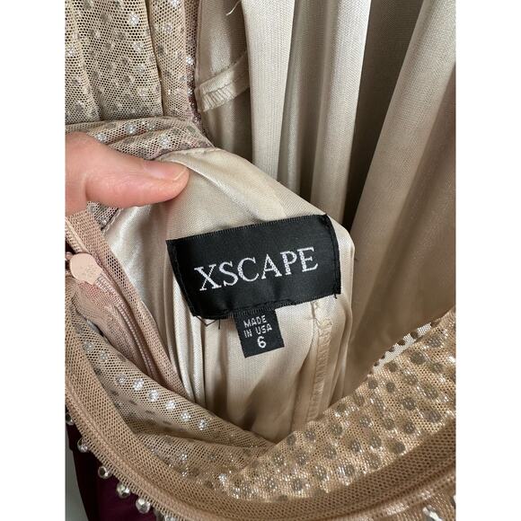 XSCAPE Illusion Cutaway High Neck Jersey Gown Maroon Caviar Beading #XS8264 - Picture 11 of 16